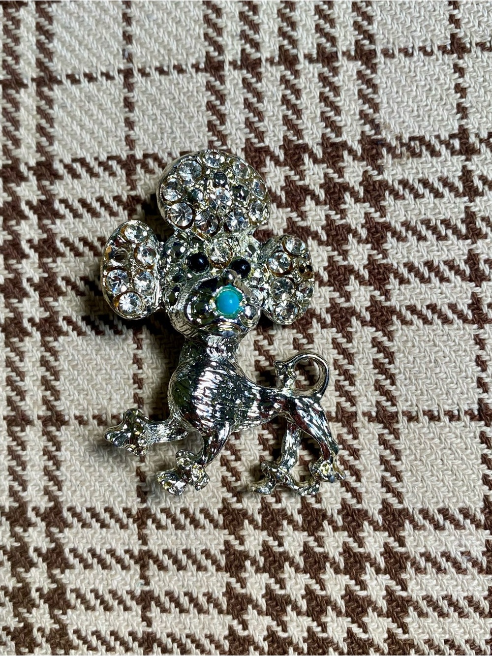 Silver Crystal Poodle Dog Brooch with Turquoise Accent